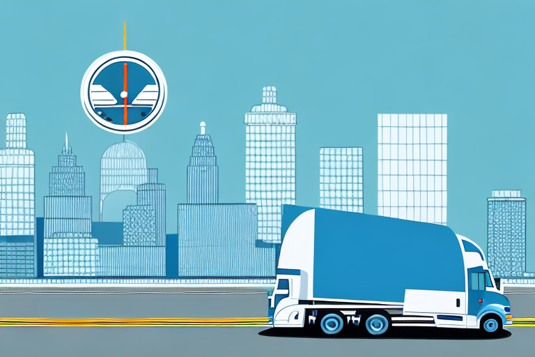 A semi-truck on a kansas city highway with the city skyline in the background and a balance scale in the foreground