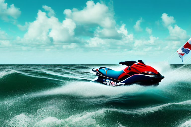 A jet ski on its side near a buoy in the middle of a choppy sea