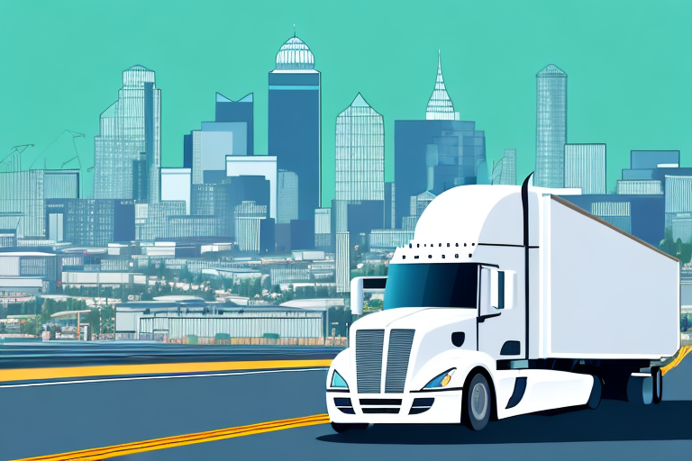 A semi-truck on a highway with a pair of scales symbolizing justice in the foreground