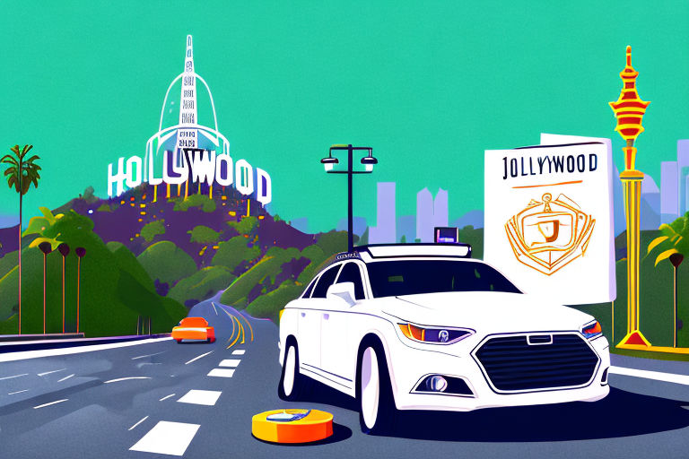 A broken lyft car on the streets of los angeles with the iconic hollywood sign in the background