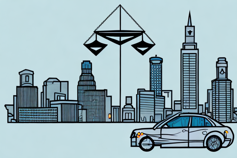 A macon cityscape with a symbolic balance scale integrated into the skyline