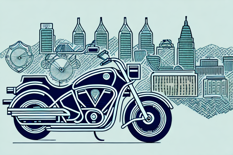 A motorcycle near a gavel (symbolizing law) with the chattanooga cityscape in the background