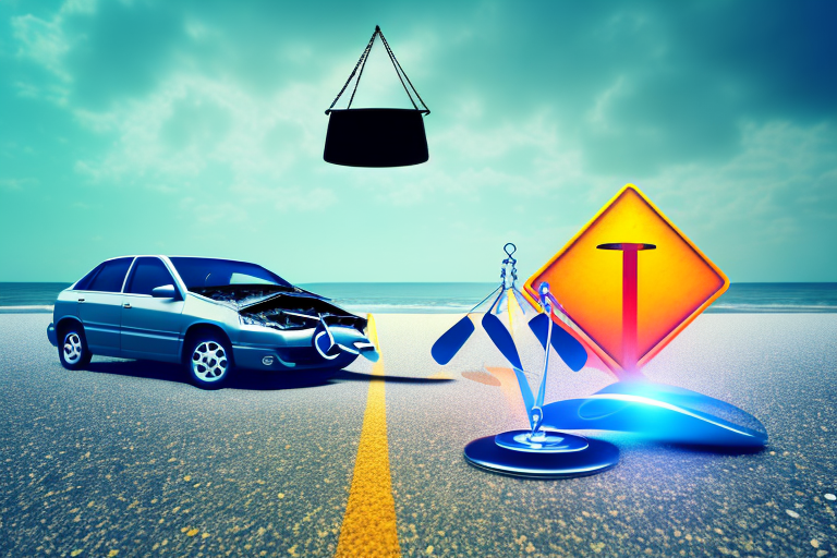A car accident scene on a beach road with a symbolic balance scale signifying justice in the foreground