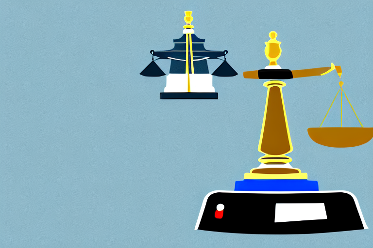 A broken uber car on a new jersey road with a balance scale and a gavel nearby