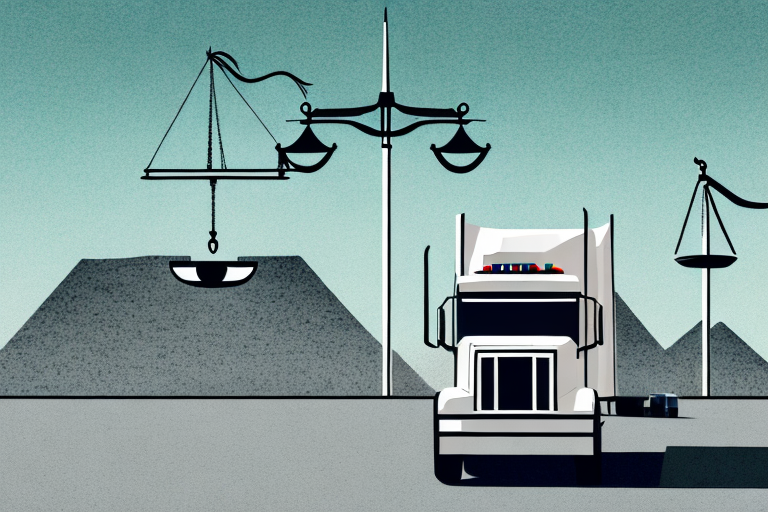 A semi-truck on a new mexico desert road with a court gavel and scales of justice subtly incorporated into the landscape