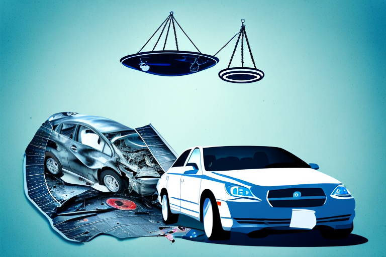 A car accident scene in new orleans with a symbolic justice scale hovering above