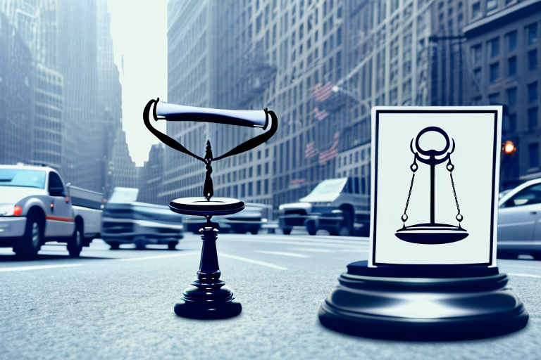 A truck on a new york city street with a symbolic balance scale and a gavel