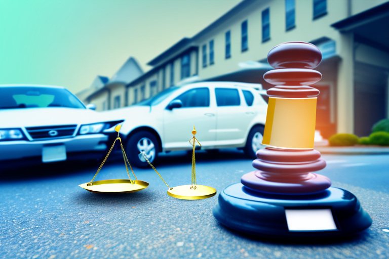 A car accident scene on a rockland city street with a balance scale symbolizing legal representation in the foreground