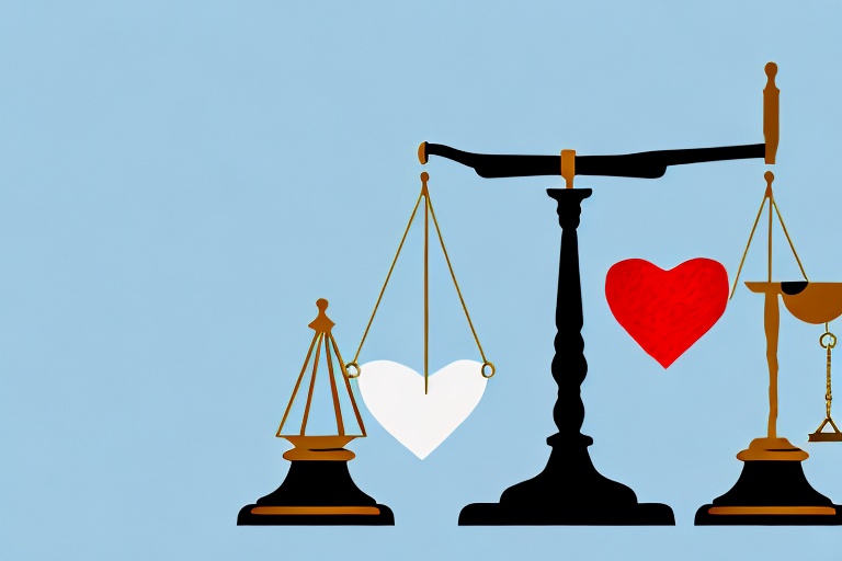 A balanced scale with a bandaged heart on one side and a gavel on the other