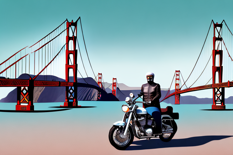 A motorcycle leaning against a san francisco landmark