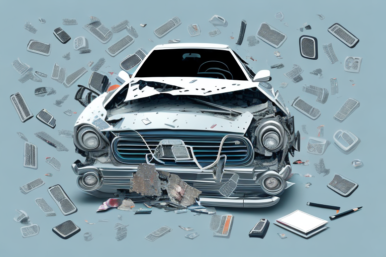 A car crash scene with scattered car parts and legal scales symbolically placed nearby