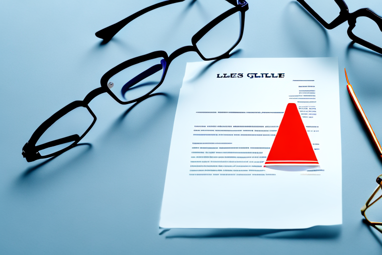 A pair of glasses resting on a legal document with a gavel and a safety cone nearby