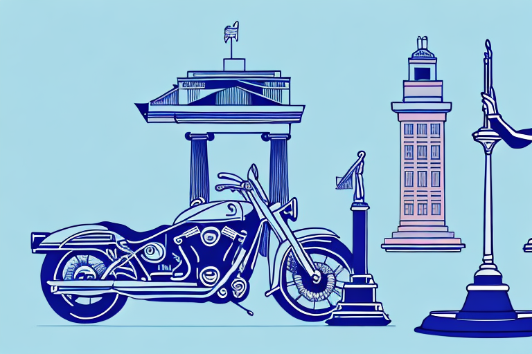 A motorcycle leaning against a st. louis landmark