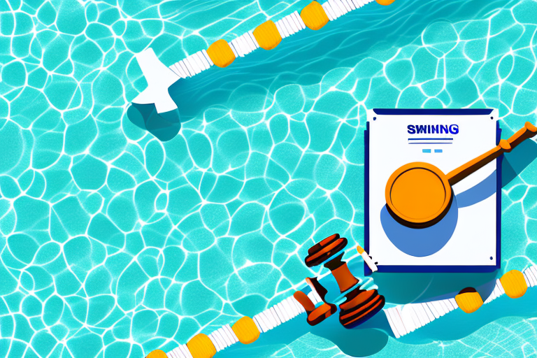 A swimming pool with a gavel and a set of legal scales subtly incorporated into the design