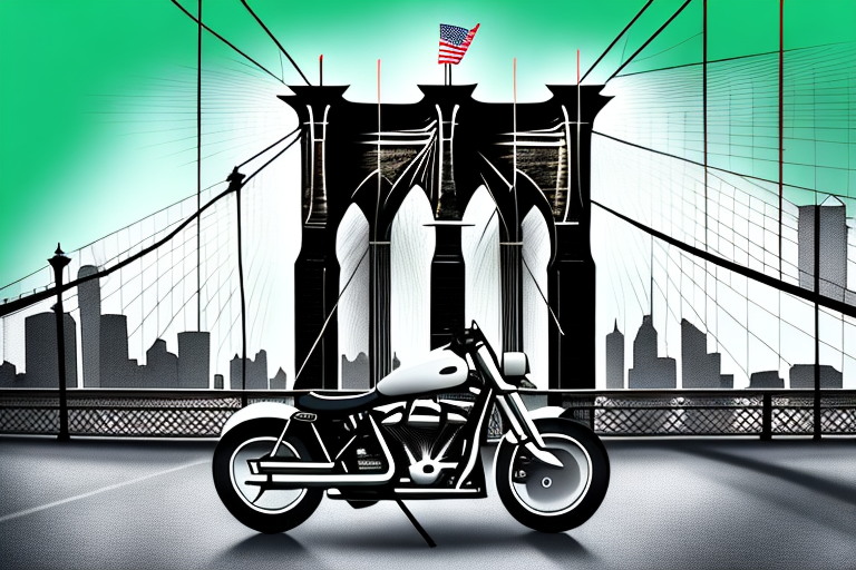 A motorcycle leaning against a brooklyn bridge silhouette