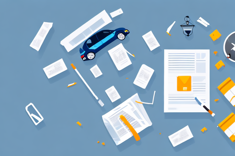 A car accident scene in battle ground with scattered legal documents and a symbolic justice scale