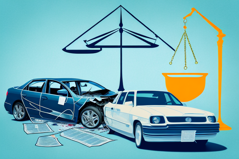 A car accident scene at the huntington beach with legal scales symbolizing justice in the background