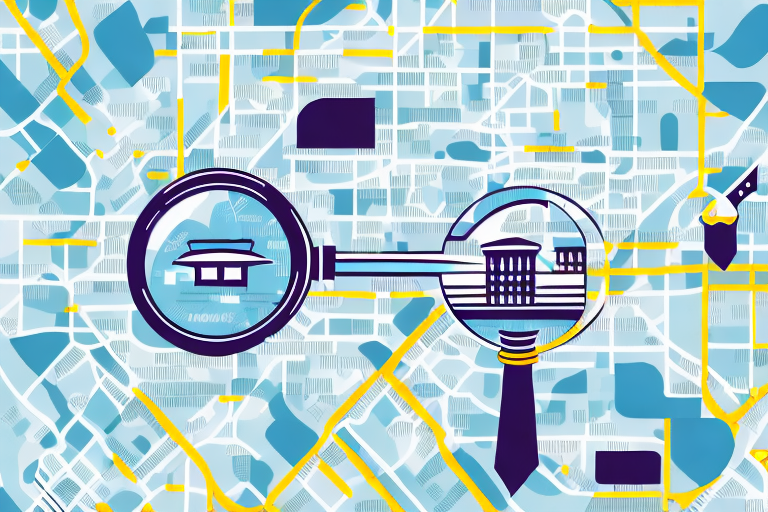 A city map with a magnifying glass focusing on a symbolic justice scale
