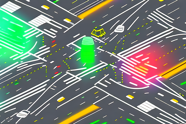 A pedestrian crossing with traffic lights and a legal scale symbol