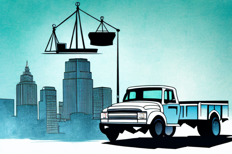 A truck on a rochester cityscape background with a balance scale symbolizing justice in the foreground