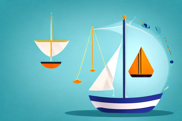 A boat accident scene in san diego's bay with a symbolic justice scale floating above