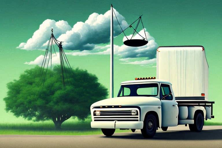 A savannah landscape with a truck on a road and a symbolic scale of justice in the background
