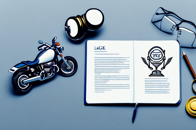A motorcycle leaning against a law book