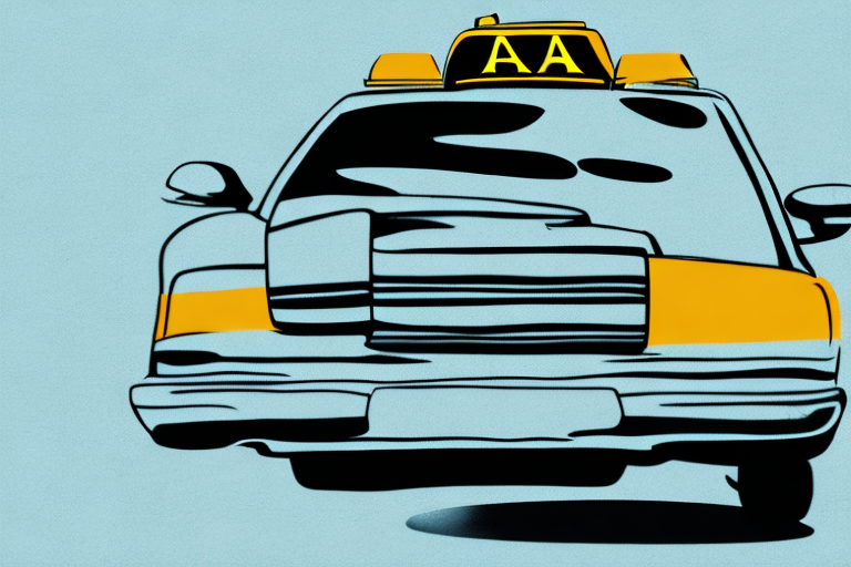 A taxi cab with visible signs of damage next to a gavel
