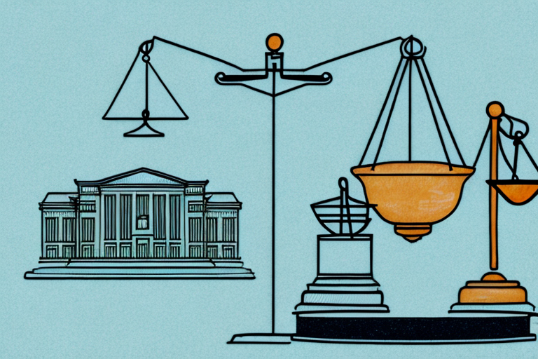 A symbolic scale of justice on a colorado landscape backdrop with a truck on one side and a courthouse on the other