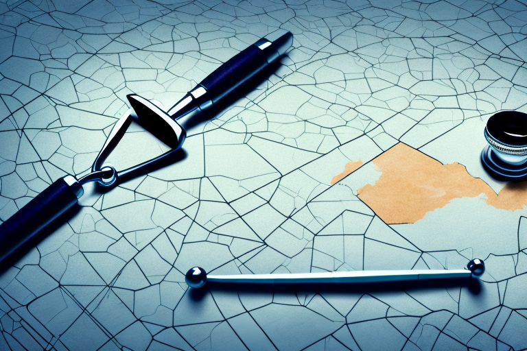 A broken gavel lying next to a crumpled car on a road map