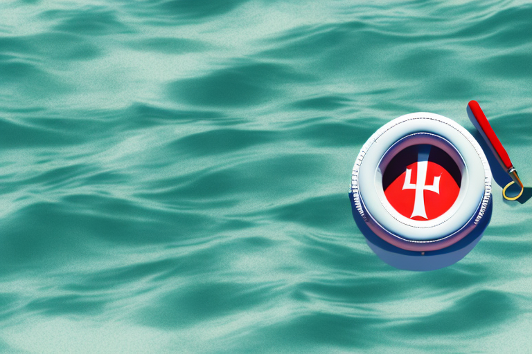 A lifebuoy floating on turbulent waters with a gavel embedded in it