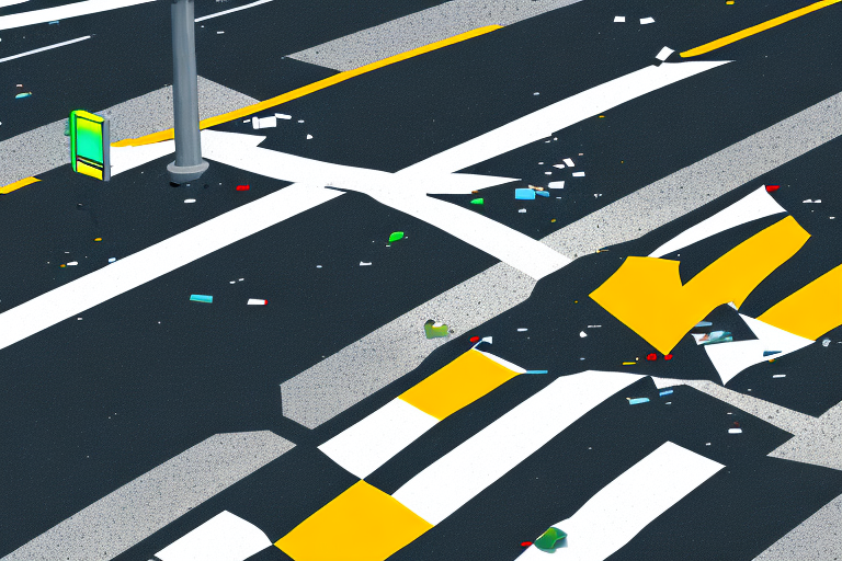 A pedestrian crosswalk in carmel with a broken traffic light and scattered caution signs