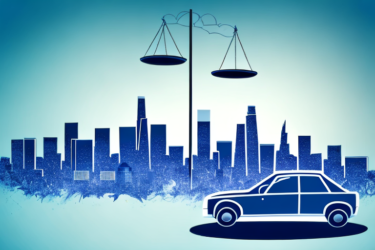 A symbolic justice scale balanced on a car hood with the los angeles skyline in the background