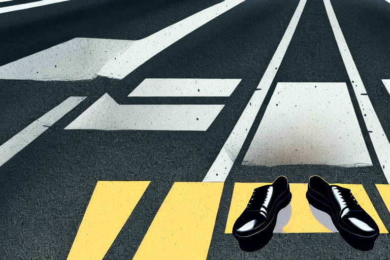 A pair of empty shoes next to a crosswalk on a city street