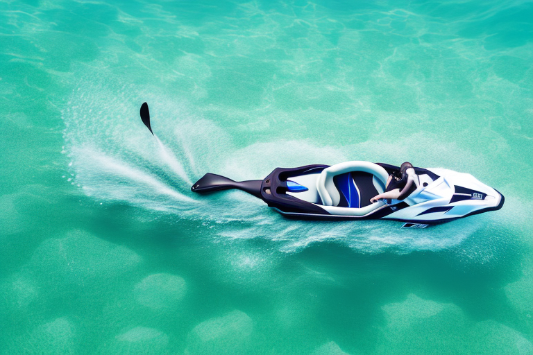 A jet ski floating on calm water with a gavel and a set of scales