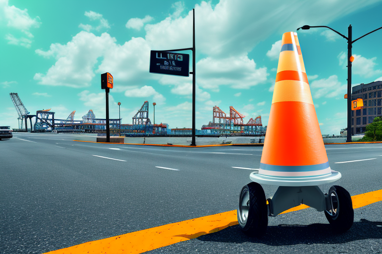A motorcycle near a traffic cone and legal scales