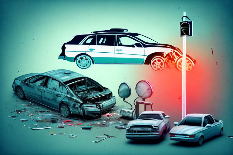 A car accident scene with a broken traffic light