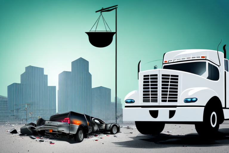 A truck involved in an accident on a long beach cityscape background