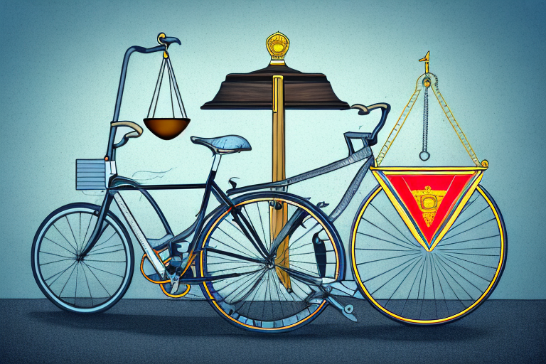 A bicycle lying damaged on a road with a gavel and scales of justice in the background
