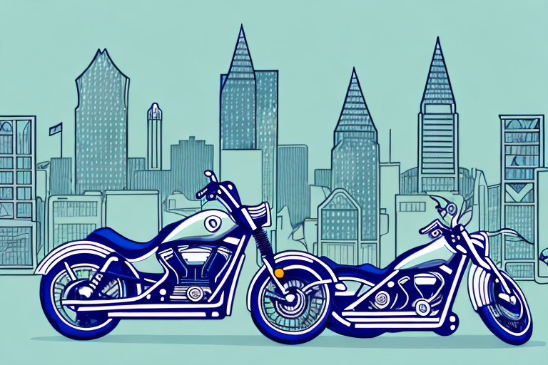 A motorcycle leaning against a baltimore cityscape