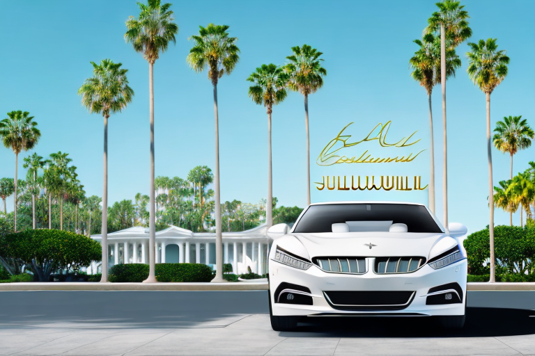 A luxurious car with beverly hills' signature palm trees in the background