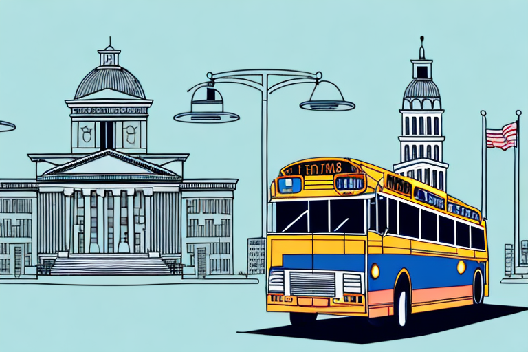 A city bus in the foreground with a courthouse symbolically represented in the background