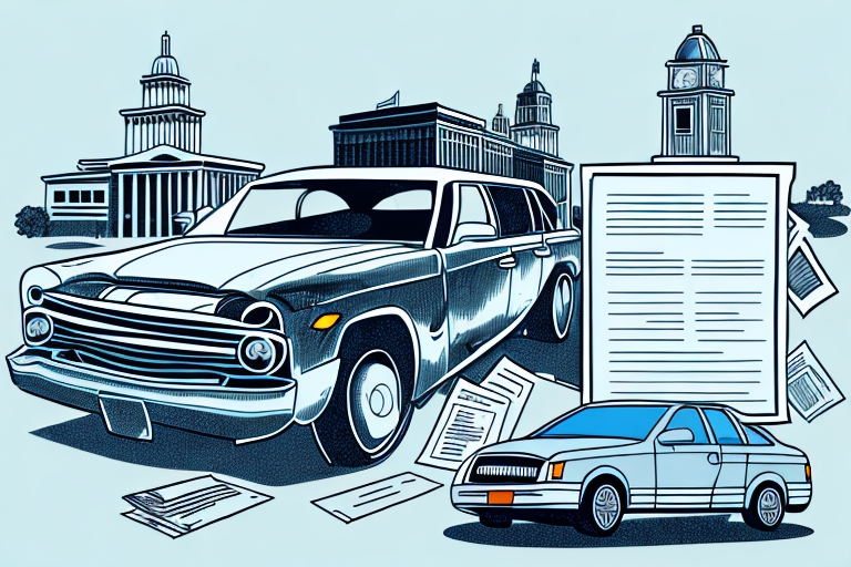 A car accident scene with scattered legal documents and a courthouse in the background