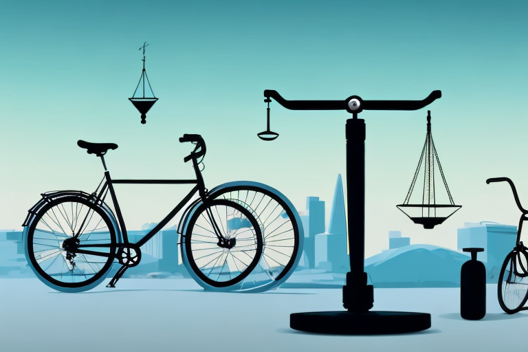 A bicycle lying on the ground in the foreground with a balance scale symbolizing justice in the background