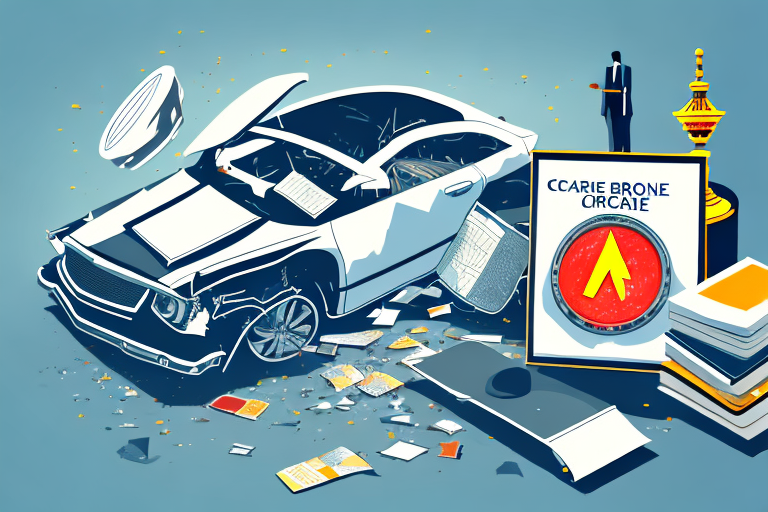 A car crash scene with a broken traffic signal