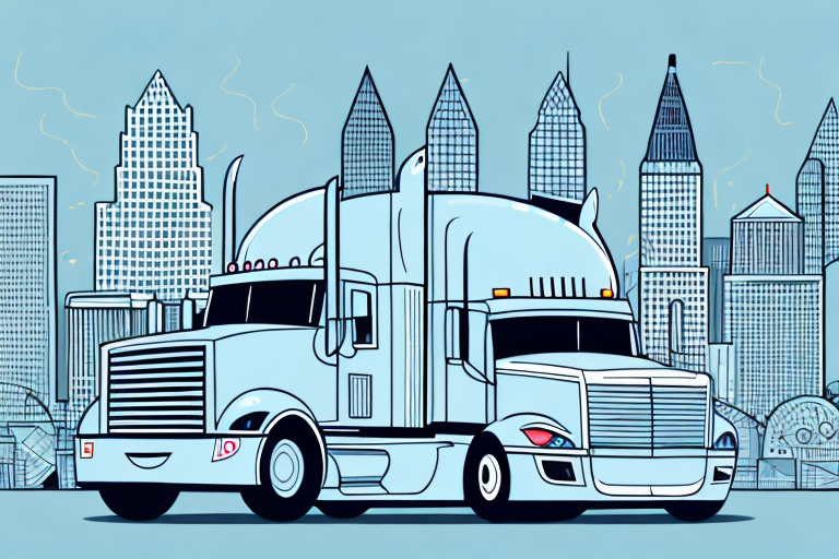 A semi-truck with visible damage after a collision on a cincinnati cityscape background