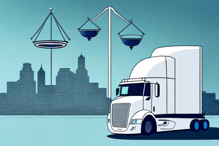 A semi-truck with a symbolic justice scale balancing on its trailer