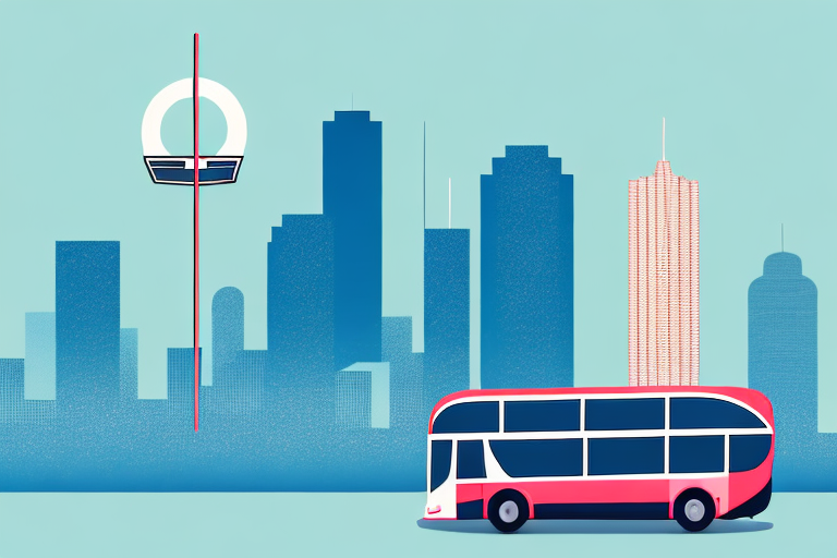 A bus on a houston cityscape background with a balance scale symbolizing justice in the foreground