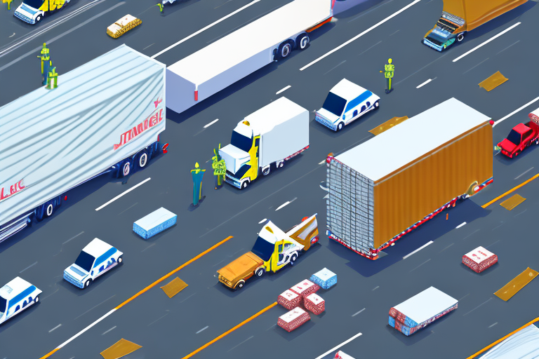 A jackknife truck accident scene on a highway