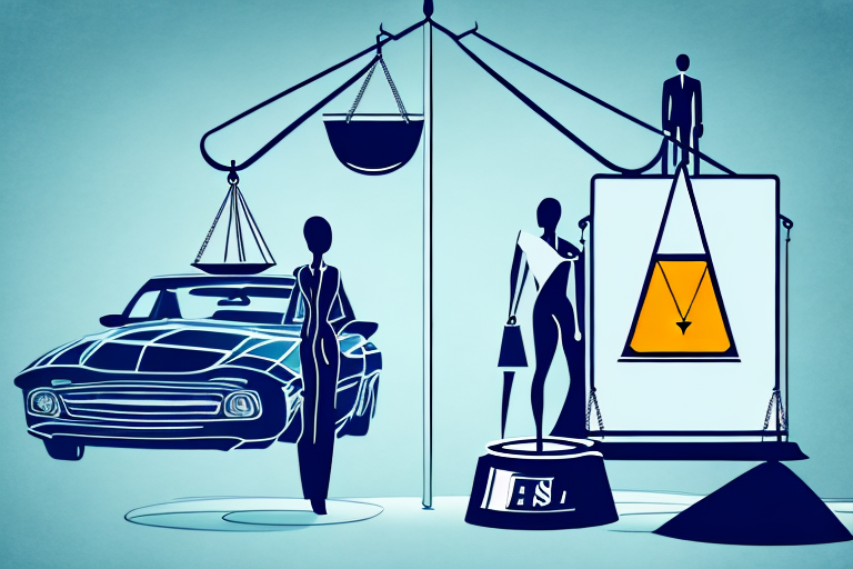 A car accident scene with a scale of justice in the foreground